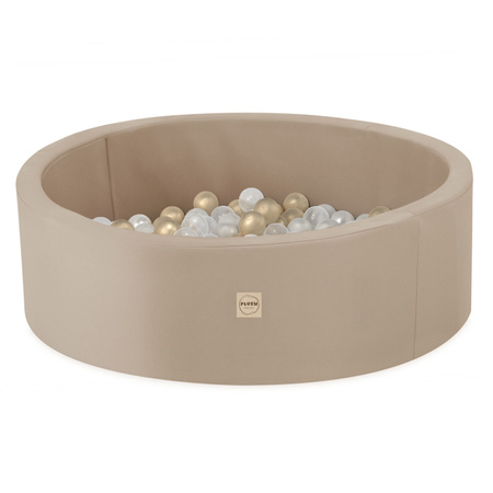 PLUSH NEST Trockenschwimmbecken, rund, für den Außenbereich, beige, wasserdicht, 90x30 cm, 200 Kugeln: perlmutt, transparent, gold