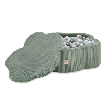 PLUSH NEST Trockenes Blumenbecken mit Matte, 95x30, grün, Premium-Cord, Floral Fun Zone, 200 Kugeln: pearl, pearl mint, silver