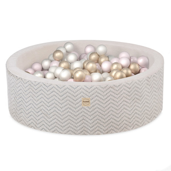 PLUSH NEST Dry Ball Pool, 90x30 cm, rund, Creme, Softie Canvas, 200 Bälle: pearl, gold, light pink pearl