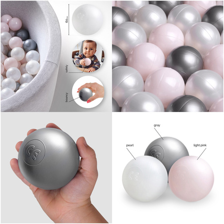 Dry pool balls, 6 cm, set of 200 pcs: pearl, silver, pearl light pink