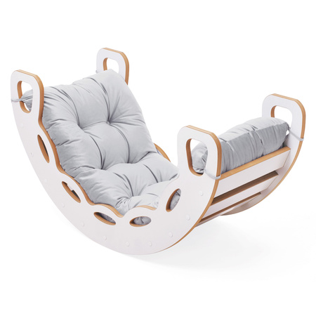 PLUSH NEST Small Rocker 4-in-1 rocker + climbing wall/slide + cushion (Velvet gray), white Wooden Play