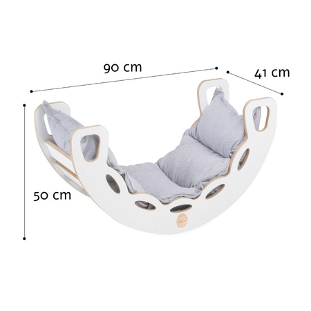PLUSH NEST Bujak Small Rocker 4 w 1 + ścianka wspinaczkowa/zjeżdżalnia + poduszka Jasny Szary, biały Wooden Play