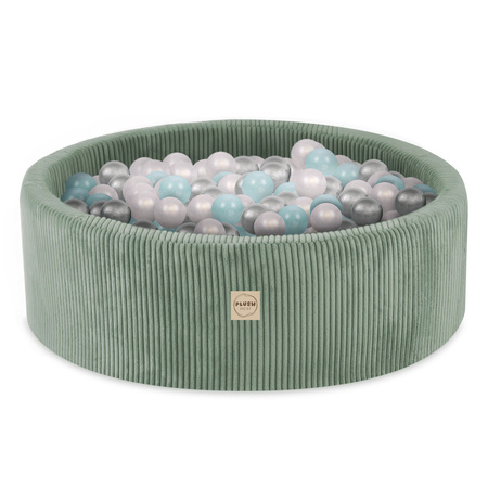 PLUSH NEST Playground 3 elements + dry pool 90x30 (+200 balls:pearl, mint pearl, silver), green, premium corduroy