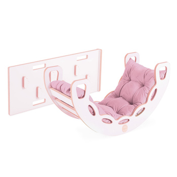 PLUSH NEST Bujak Small Rocker 4 w 1  + ścianka wspinaczkowa/zjeżdżalnia + poduszka (różowy Velvet), biały Wooden Play