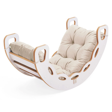 PLUSH NEST Small Rocker 4-in-1 Wippe + Kletterwand/Rutsche + Kissen (beige/gold Velvet), weiß Wooden Play