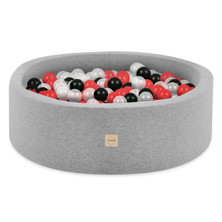 PLUSH NEST Ball pool, light gray, round, cotton, 90x30, 200 balls: red, black, transparent