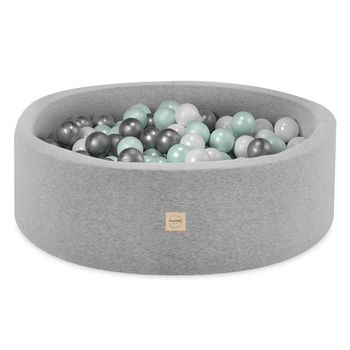 PLUSH NEST Ballpool, hellgrau, rund, Baumwolle, smart, 90x30, 200 Bälle: mint, silber, weiß