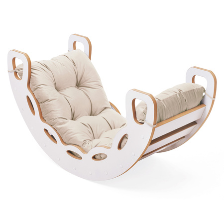 PLUSH NEST Small Rocker 4-in-1 rocker + climbing wall/slide + cushion (beige/gold Velvet), white Wooden Play
