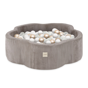 Plush Nest Dry flower pool, 95x30, beige, premium corduroy, Floral Fun Zone, 200 balls: pearl, gold, transparent