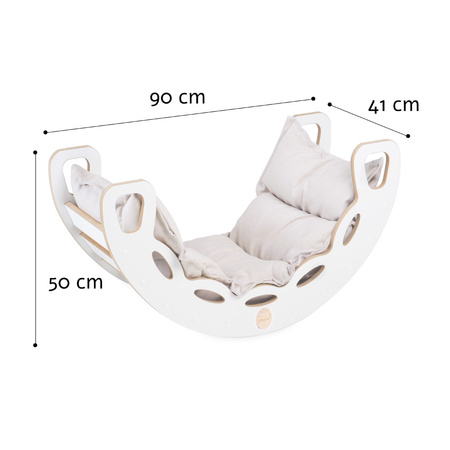 PLUSH NEST Bujak Small Rocker 4 w 1 + ścianka wspinaczkowa/zjeżdżalnia + poduszka Jasny Beżowy, biały Wooden Play