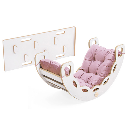 PLUSH NEST Small Rocker 4-in-1 Wippe + Kletterwand/Rutsche + Kissen (pink Velvet), weiß Wooden Play