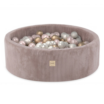 PLUSH NEST Bällebad, beige, rund, Kord, 90x30, 200 Bälle: Perle, hellrosa, gold