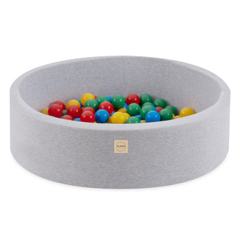 PLUSH NEST Ballpool, hellgrau, rund, Baumwolle, smart, 90x30, 200 Bälle: blau, gelb, rot, grün