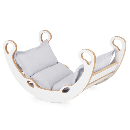 PLUSH NEST Bujak dla dzieci XS Mini Rocker 2w1 + poduszka Jasny Szary, biały, Wooden Play
