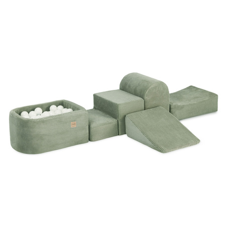 PLUSH NEST Mini playground (+basin and 100 balls ), green , premium corduroy