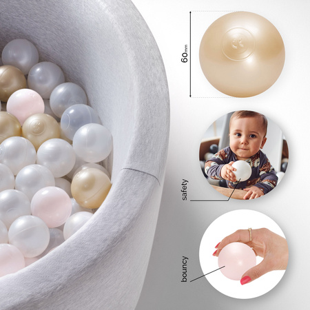 PLUSH NEST Dry pool balls, 6 cm, set of 200 pcs: pearl, gold, light pink