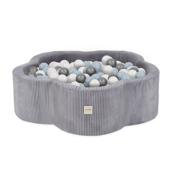 Plush Nest Dry flower pool , 95x30, gray, premium corduroy, Floral Fun Zone, 200 balls: pearl, silver, light blue