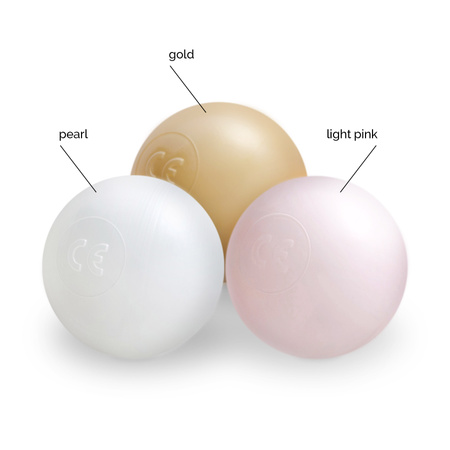 Dry pool balls, 6 cm, set of 200 pcs: pearl, gold, pearl light pink