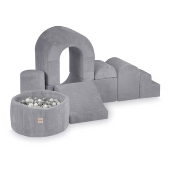 PLUSH NEST Spielplatz-Schloss mit Pool+150 Bälle (Perle, Silber), hochwertiger grauer Kord