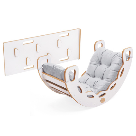 PLUSH NEST Bujak Small Rocker 4 w 1  + ścianka wspinaczkowa/zjeżdżalnia + poduszka (szary Velvet), biały Wooden Play
