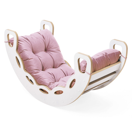 PLUSH NEST Small Rocker 4-in-1 rocker + climbing wall/slide + cushion (pink Velvet), white Wooden Play