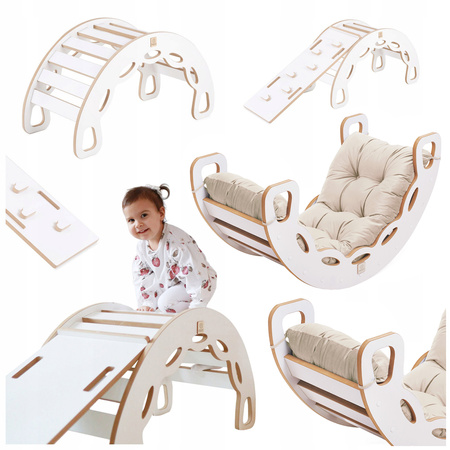 PLUSH NEST Small Rocker 4-in-1 rocker + climbing wall/slide + cushion (beige/gold Velvet), white Wooden Play