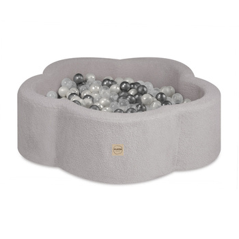 PLUSH NEST Trockenes Blumenbecken, 95x30 cm, graues Lammfell (+ 200 Kugeln silber, perlmutt, transparent), Floral Fun Zone