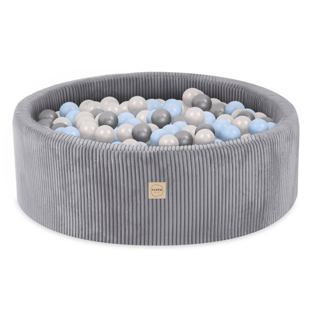 PLUSH NEST Ball pool, light gray, round, corduroy, 90x30, 200 balls: pearl, light blue, silver