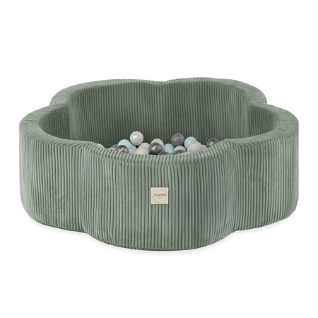 Plush Nest Suchy basen kwiatek, 95x30, zielony, sztruks premium, Floral Fun Zone, 200 piłek: perłowy, perłowy miętowy, srebrny