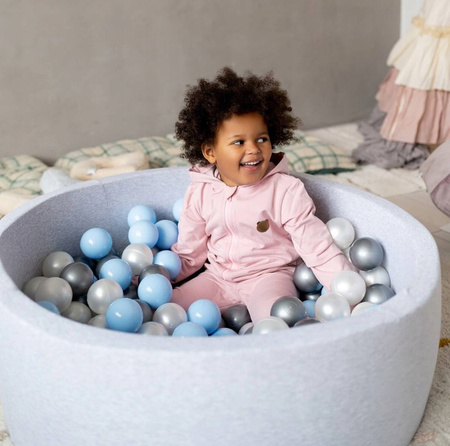 PLUSH NEST Ball Pool, light gray, round, cotton, 90x30, 200 balls: light blue, silver, pearl