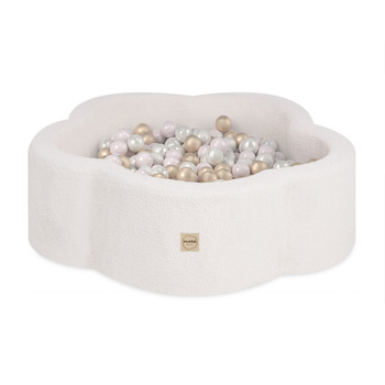 PLUSH NEST Trockenes Blumenbecken, 95x30 cm, cremefarbenes Lammfell (+ 200 Kugeln Gold, Perle, hellrosa Perle), Floral Fun Zone