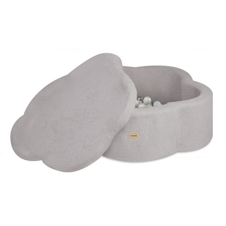 PLUSH NEST Trockenblumenbecken mit Matte, 95x30 cm, graues Lammfell (+ 200 Kugeln silber, perlmutt, transparent), Floral Fun Zone