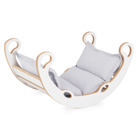 PLUSH NEST Bujak dla dzieci XS Mini Rocker 2w1 + poduszka Jasny Szary, biały, Wooden Play