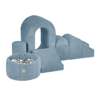 PLUSH NEST Playground Castle with pool+150 balls (pearl, silver), premium blue corduroy