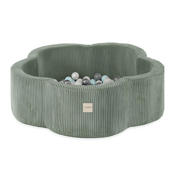 Plush Nest Dry flower pool, 95x30, green, premium corduroy, Floral Fun Zone, 200 balls: pearl, pearl mint, silver