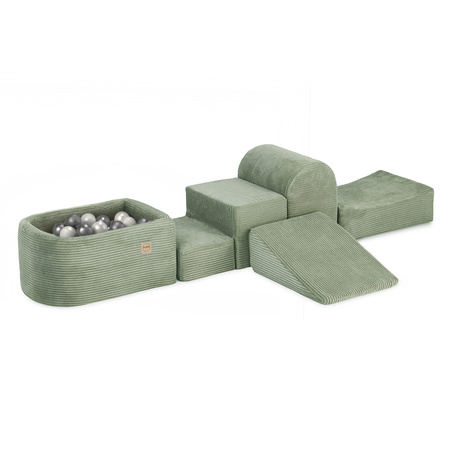 PLUSH NEST Plac zabaw Mini (+basen i 100 piłek ), zielony, sztruks premium (perłowe i srebrne)