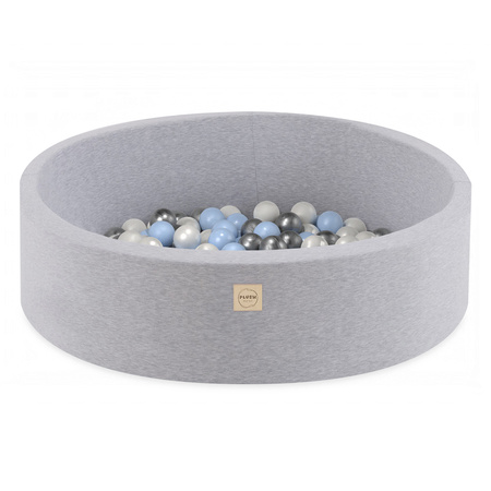 PLUSH NEST Bällebad mit Kugeln, hellgrau, rund, Baumwolle, 90x30, 200 Kugeln: hellblau, silber, perlmutt