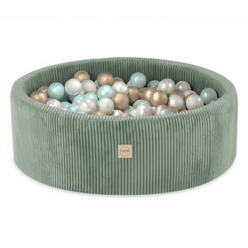 PLUSH NEST Bällebad, grün, rund, Kord, 90x30, 200 Bälle: pearl, pearl mint, gold