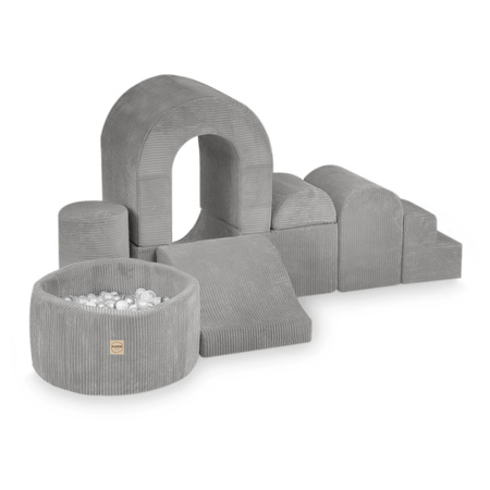 PLUSH NEST Playground Castle with pool+150 balls (pearl, silver), premium gray corduroy