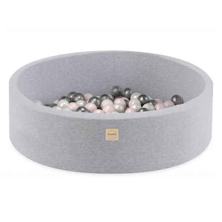 PLUSH NEST Basen z piłkami, jasnoszary, okrągły, bawełna, 90x30, 200 piłek: jasno różowe perłowe, srebrny, perłowy