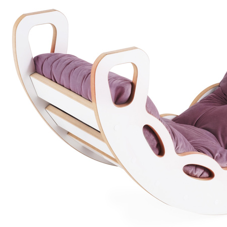 PLUSH NEST Bujak Small Rocker 4 w 1  + ścianka wspinaczkowa/zjeżdżalnia + poduszka (lila Velvet), biały Wooden Play