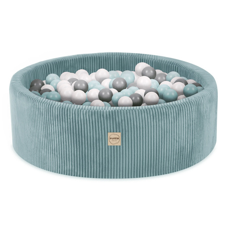 PLUSH NEST Bällebad, blau, rund, Premium-Cord, 90x30, 200 Bälle: pearl, pearl mint, silber