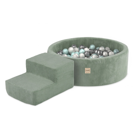 PLUSH NEST Spielplatz Trockenbecken 90x30 + Stufe (+200 Bälle: pearl, pearl mint, silver), grün, Premium-Cord