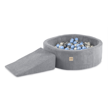 PLUSH NEST Spielplatz Trockenbecken 90x30 + Dreieck (+200 Bälle: Perle, Silber, Hellblau), grau, Premium-Cord