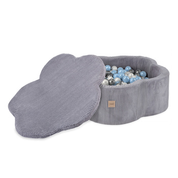 PLUSH NEST Trockenblumenpool mit Matte, 95x30, grau, Premium Cord, Floral Fun Zone, 200 Kugeln: perl, silber, hellblau