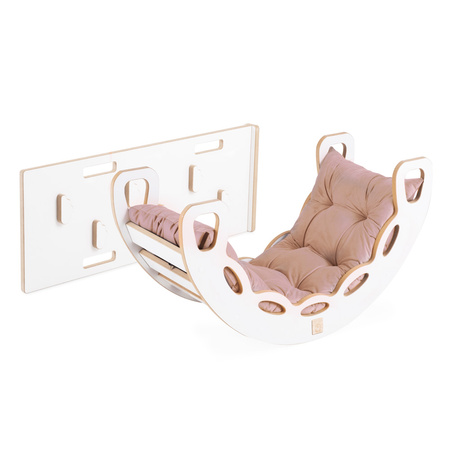 PLUSH NEST Small Rocker 4-in-1 Wippe + Kletterwand/Rutsche + Kissen (beige/gold Velvet), weiß Wooden Play