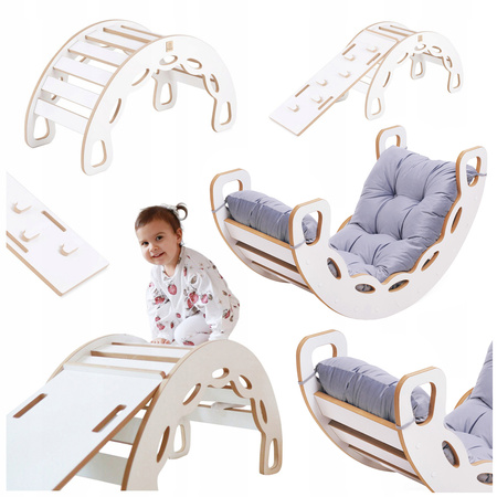 PLUSH NEST Small Rocker 4-in-1 Wippe + Kletterwand/Rutsche + Kissen (Dunkelgrau Velvet), weiß Wooden Play