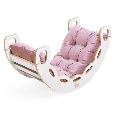 PLUSH NEST Small Rocker 4-in-1 Wippe + Kletterwand/Rutsche + Kissen (pink Velvet), weiß Wooden Play