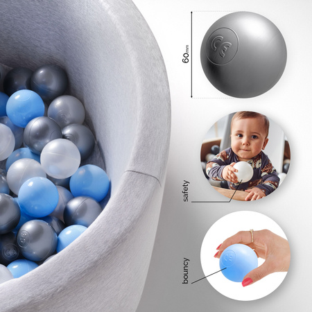 Dry pool balls, 6 cm, set of 200 pcs: pearl, silver, pearl light blue