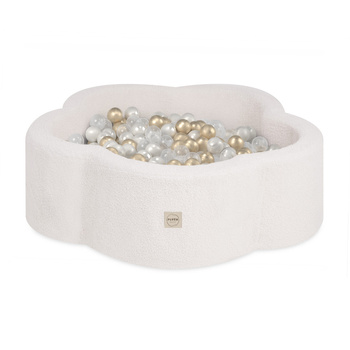 PLUSH NEST Trockenes Blumenbecken, 95x30 cm, cremefarbenes Lammfell (+ 200 goldene, perlfarbene, transparente Kugeln), Floral Fun Zone